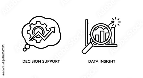 Business decision support and data insight concept icons set with decision business analysis statistics management strategy planning marketing