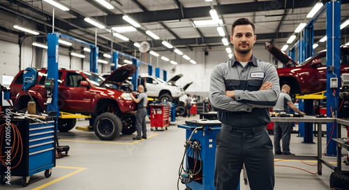 Mechanic standing confidently in a busy automotive repair shop with cars