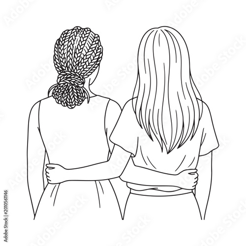 Line art illustration of two women from the back with arms around each other for friendship