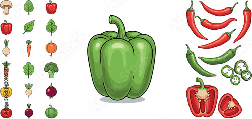 Quadro su tela Variety of Colorful Vegetables Including Green Bell Pepper, Red and Green Chilie