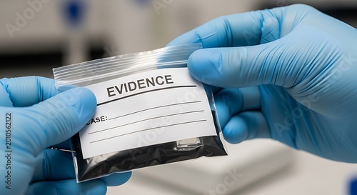 A forensic specialist carefully handling an evidence bag containing a piece of critical evidence, highlighting the meticulous process of investigation