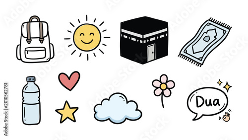 Foto Joyful Doodle of Hajj Objects: This captivating cartoon illustration features a cheerful collection of objects associated with Hajj, the sacred pilgrimage to Mecca