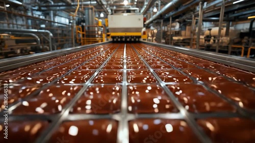 Endless rows of glossy brown square chocolate pieces arranged in grid pattern on industrial factory conveyor belt with production machinery in background
