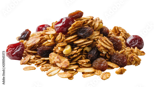 Schilderij op canvas Crunchy granola mix with dried cherries and raisins, isolated on transparent bac