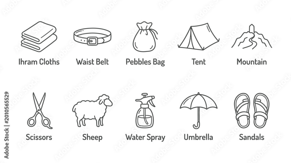Fototapeta premium Pilgrimage Essentials: A set of ten essential items for a sacred journey, depicted in simple, elegant line art, ready for a spiritual adventure.