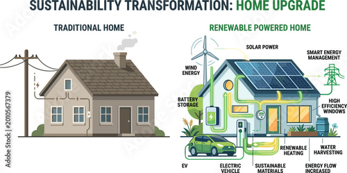Schilderij op canvas Sustainability transformation infographic, traditional home vs renewable-powered