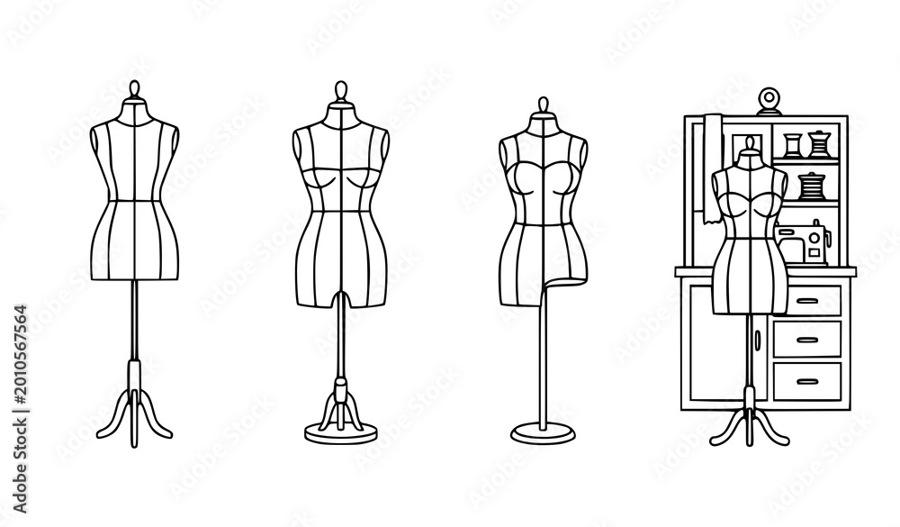Naklejka premium Collection of various tailor mannequins and clothing display stands, apparel design tools.