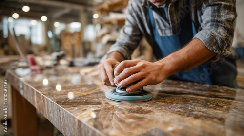 craftsman working on a marble surface with a polishing tool in a workshop, copy space