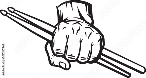 Obraz na płótnie Black and white of a clenched fist holding two drumsticks also transparent backg