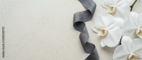 White orchid flowers and dark gray ribbon on beige stone background, flat lay with copy space for funeral or mourning design.