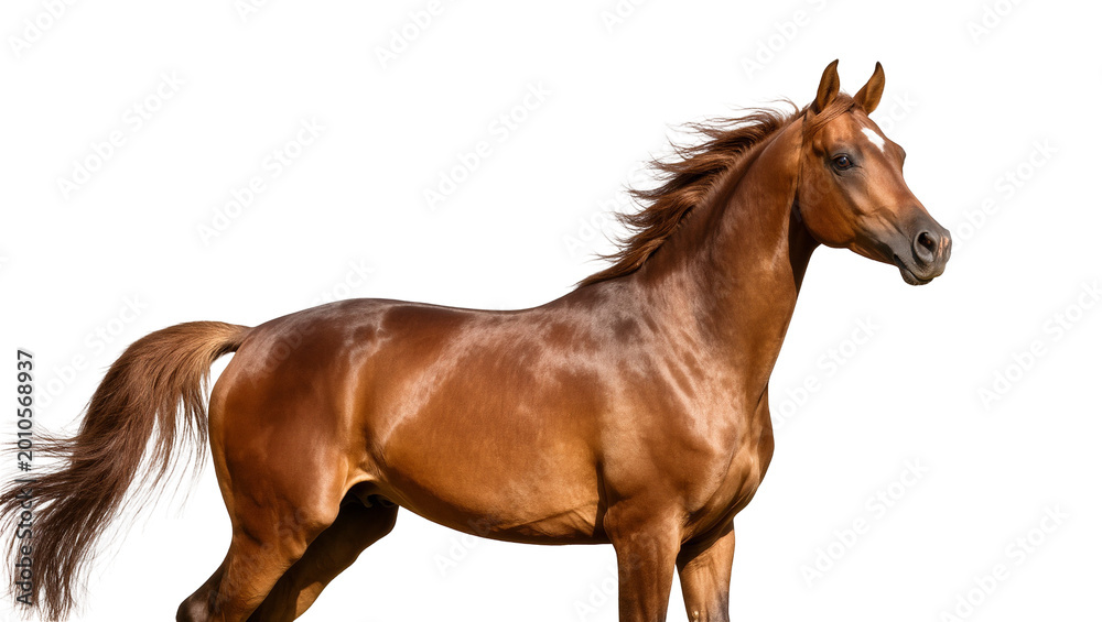 Obraz premium Bay Chestnut Stallion Standing Profile View with Flowing Mane
