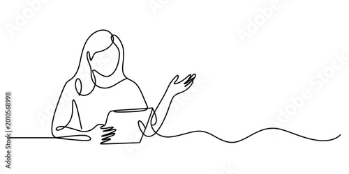 Woman holding tablet continuous one line drawing