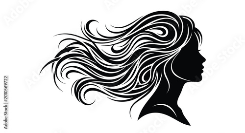 Woman s profile silhouette with flowing hair black and white