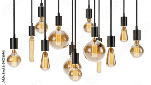 Tableau sur toile Various Edison filament bulbs with black sockets hanging, isolated on transparen