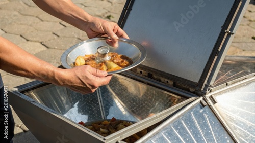 Hands holding a plate with food above a solar cooker, using solar energy for cooking outdoors on a sunny day.