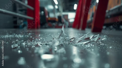 Shattered glass scattered across industrial floor with red ladders, warehouse shelves and sharp debris creating workplace hazard scene
