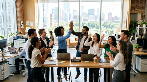Group of people having a meeting around a wooden table in a bright office