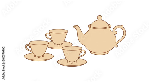 Tableau sur toile Teapot and teacups illustration simple line drawing on white