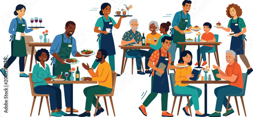 Schilderij op canvas Diverse group of professional waiters and waitresses serving food and drinks to