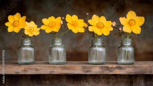 Bright yellow flowers arranged in small glass jars on a rustic wooden shelf, creating a cheerful natural composition with rustic decor and spring atmosphere.