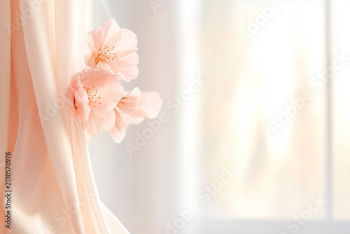 Soft pastel flowers attached to sheer fabric beside a bright window, creating a delicate romantic atmosphere with minimal aesthetic and elegant spring decor.