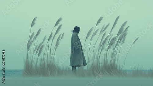 Solitary person standing among tall reeds in a misty coastal landscape, evoking introspection, melancholy, calmness, and emotional solitude in a cinematic atmosphere.