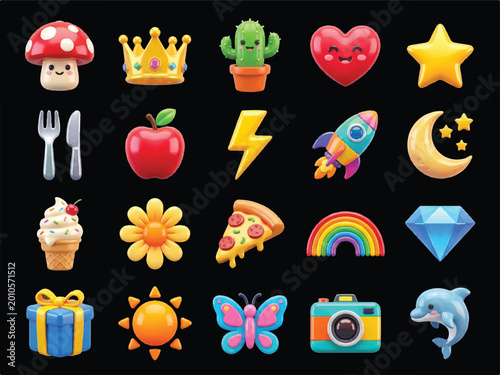 Colorful 3D cartoon icons of various objects and symbols  icons  emoticons  emojis