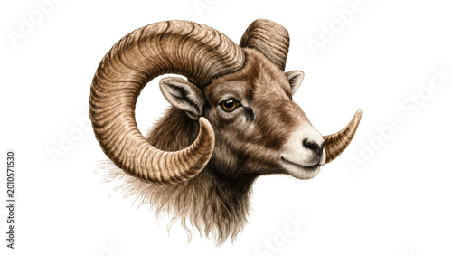 Konstfotografi Detailed Headshot of Brown Mountain Ram with Large Curved Horns