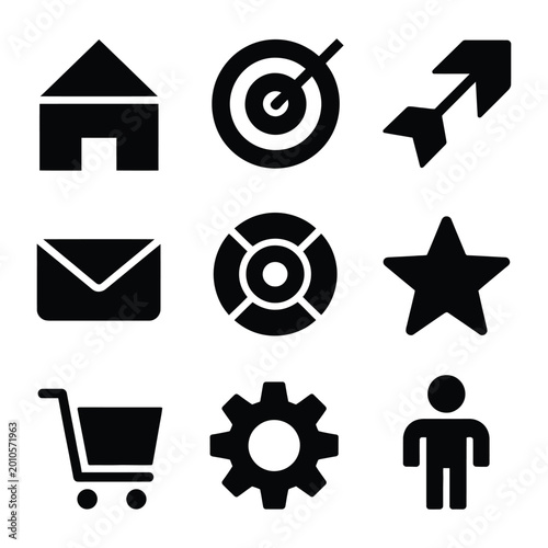Minimalist Flat Vector Icon Set Featuring Nine Essential Web and UI Symbols Including Home, Target, Arrow, Mail, Star, Shopping Cart, Gear, and User