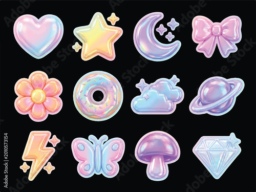 Colorful shiny holographic stickers of various objects including heart star moon bow flower donut cloud planet lightning butterfly mushroom and diamond  isolated on black background