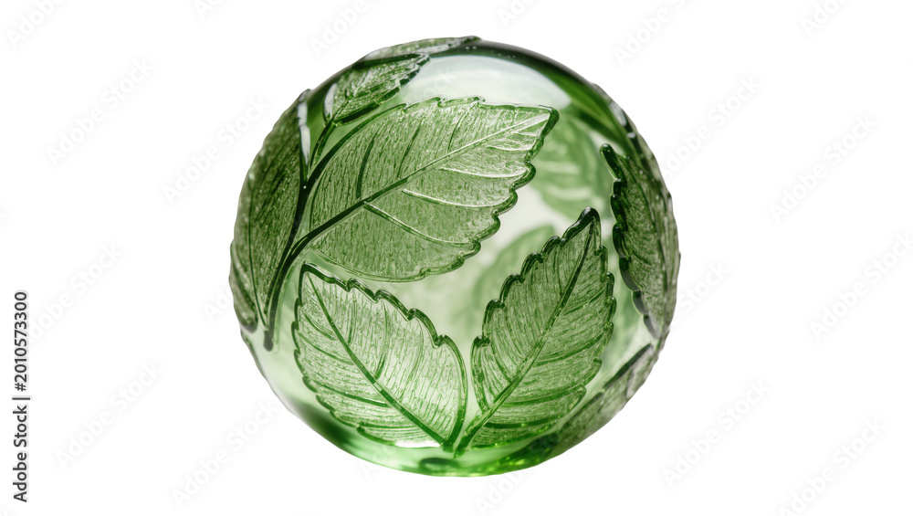 Fototapeta premium Green Glass Orb Containing Three Detailed Maple Leaves