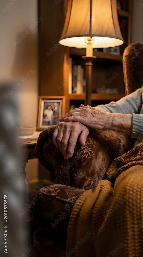 Obraz premium Elderly person's wrinkled hands resting on a vintage armchair in a warm, cozy living room with soft lamp light and bookshelf.