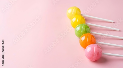Colorful Lollipops Arranged Diagonally on Pastel Pink Background Minimal Style