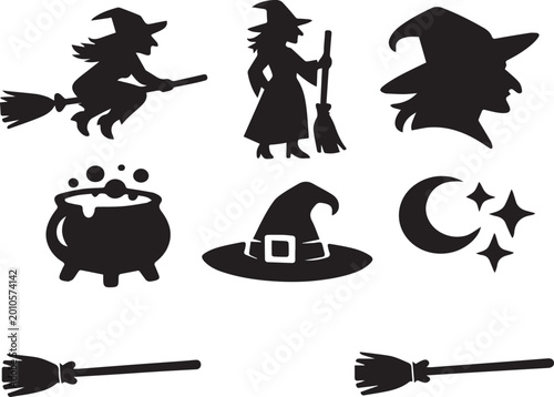 Foto Halloween Witch Silhouette Icon Set Featuring Flying Witch, Magic Cauldron, Poin