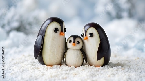 Charming Handcrafted Penguin Family Figurines in Winter Snow Setting
