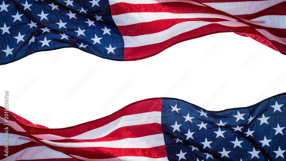 Obraz premium Waving American flags forming a frame, isolated on transparent background
