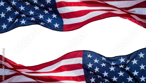 Waving American flags forming a frame, isolated on transparent background