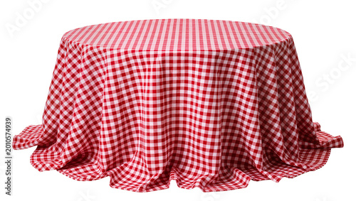 Konstfotografi Round table covered with red and white gingham tablecloth, isolated on transpare