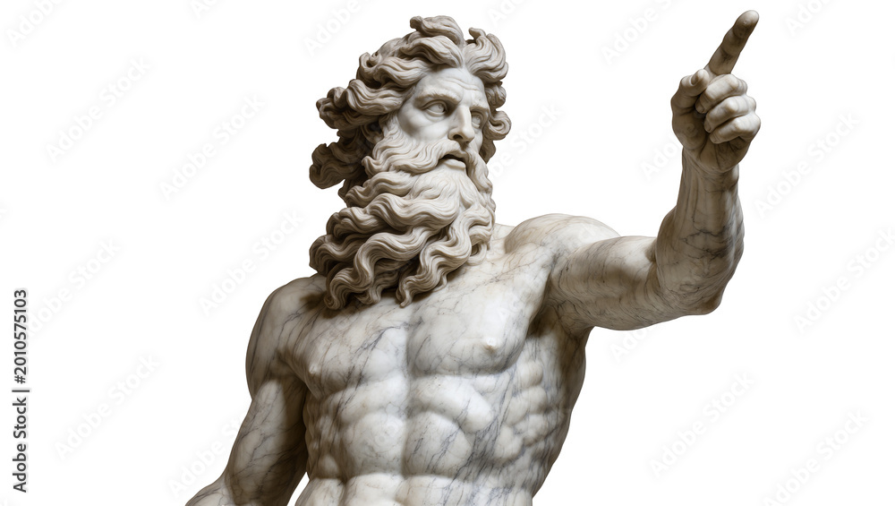 Naklejka premium Marble statue of Zeus pointing upwards, isolated on transparent background