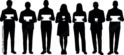 Silhouette group of diverse professionals holding blank signs for custom branding and messaging