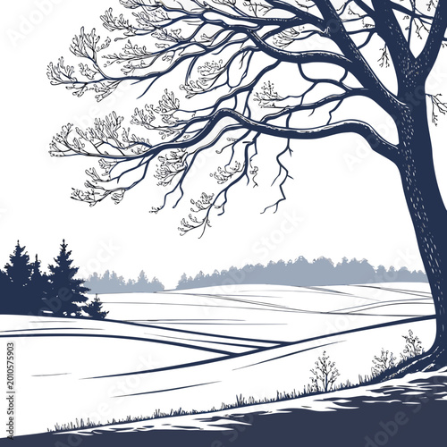 Konstfotografi Winter landscape with bare trees and snow covered field detailed vector illustra