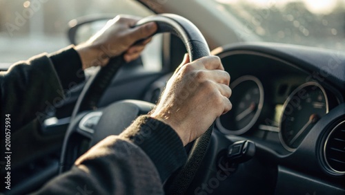 Hands gripping a car steering wheel, showing a close-up of the driver’s perspective inside a vehicle on a bright day.