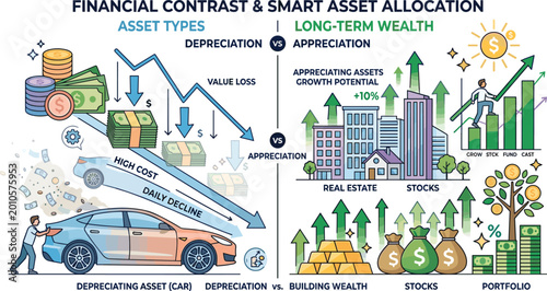Foto Financial contrast infographic, depreciation vs appreciation, asset allocation,