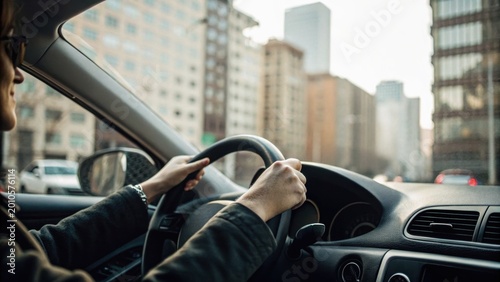 Man driving a car through a city street with tall buildings and traffic visible outside the window.