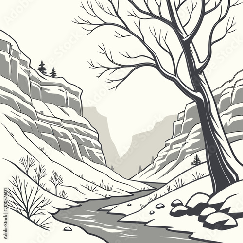 Konstfotografi Snow covered canyon landscape with bare trees detailed line art vector illustrat