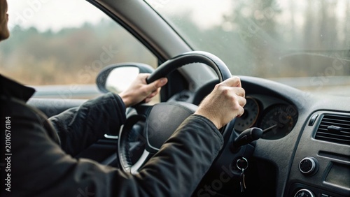 A person gripping a car steering wheel with both hands, driving on a road with a blurred outdoor background visible through the windows.