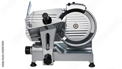 Konstfotografi Commercial meat slicer with sharp circular blade and black knob, isolated on tra