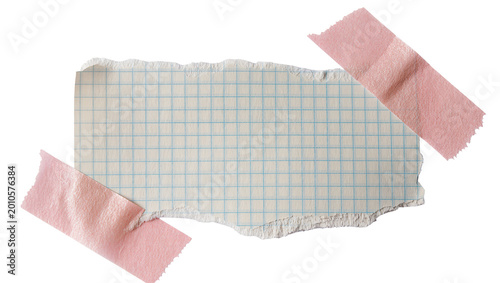 Torn graph paper note secured with pink tape, isolated on transparent background