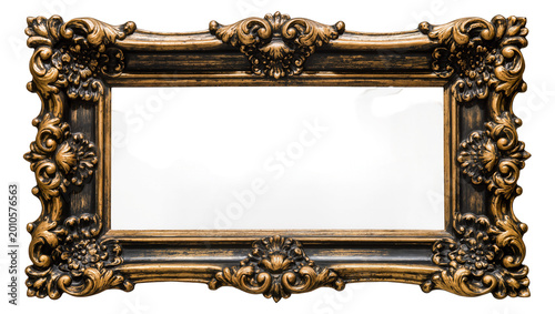 Ornate baroque gold and black ornate rectangular picture frame, isolated on transparent background