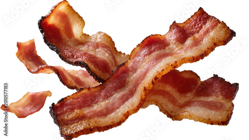Konstfotografi Crispy fried bacon strips with marbled fat and lean meat, isolated on transparen